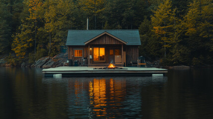 Fototapeta premium Secluded Lake Cottage: Floating Cabin, Fire Pit, Wooden Dock