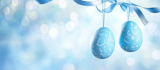 Easter holiday card design with decorative blue eggs hanging from ribbons and customizable text area on a soft blurred background