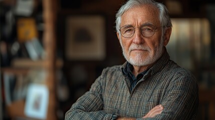 A senior man with a thoughtful expression stands in a studio, representing the challenges of aging and memory loss, possibly facing retirement or Alzheimer's treatment.