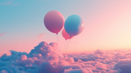 Fototapeta premium Pastel pink and blue balloons floating among soft clouds in a serene pastel sky at sunset