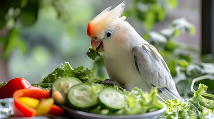 White Cockatoo Enjoying Fresh Green Salad Vegetables