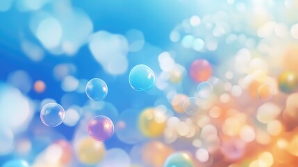 Colorful balloons floating against a vibrant blue sky with soft bokeh effect creating a dreamy and festive atmosphere
