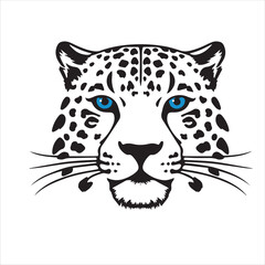  a black and white drawing of a leopard's head. The leopard has piercing blue eyes and a spotted pattern on its fur. The drawing is detailed and captures the leopard's fierce expression.