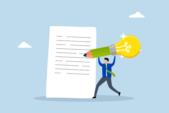 Copywriter, intelligent young man employing large pencil with bright idea sketching on paper. 