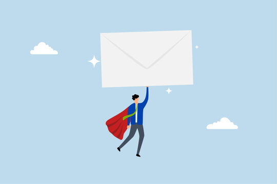 Email communication, entrepreneur superhero transporting large email envelope soaring to delivery location. 