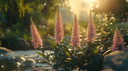Delicate pink flowers blooming by a serene garden stream at sunset with soft golden lighting and lush greenery