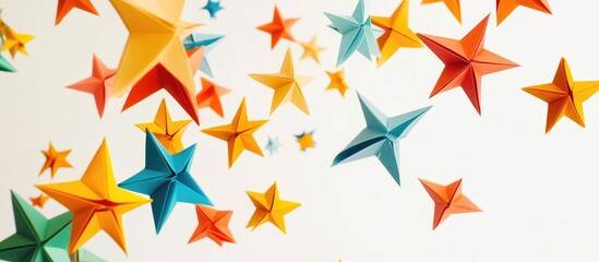 Obraz premium Vibrant paper stars in red blue and orange cascading against a clean white backdrop creating a festive and whimsical atmosphere
