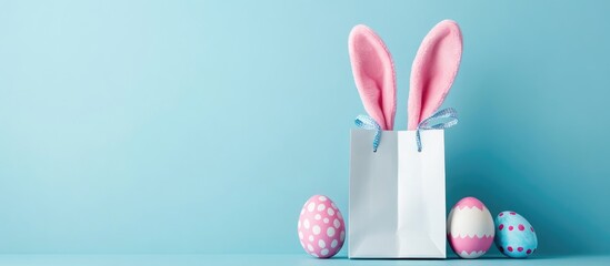 Easter shopping inspiration featuring hand painted eggs and pink bunny ears with a shopping bag on a soft blue background