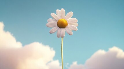 Chamomile flower Matricaria chamomilla blooming against a clear blue sky with soft clouds in the background for a serene natural aesthetic