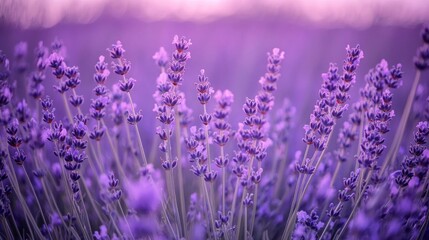Naklejka premium A field of lavender flowers under a purple twilight sky, wide-angle shot, Twilight tranquility style