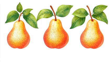 Illustration of ripe pears with vibrant orange skin and green leaves isolated on a white background for fresh fruit designs and recipes.