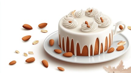 Almond topped cake with whipped cream and teacup on a white background arranged elegantly for a dessert presentation