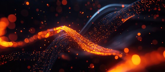 Cybersecurity concept with glowing fiber optic cables and digital effects symbolizing data transmission and protection in a server room environment