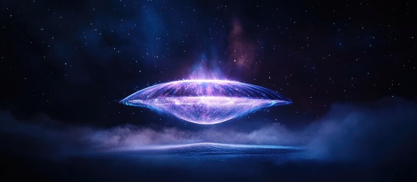 Futuristic design of a parabolic antenna emitting energy in a cosmic space setting with vibrant colors and starry background.