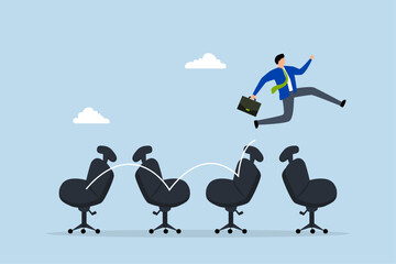 Job hopping, happy job seeker leaping from desk chair to new workspace symbolizing frequent job transitions. 