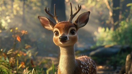 Close up of a cartoon deer with antlers in a serene wooded area featuring lush grass and trees in a beautifully blurred background