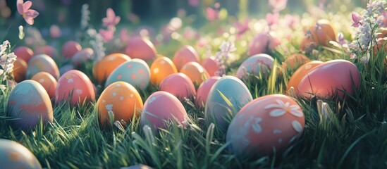 Colorful Easter eggs scattered in lush green grass illuminated by soft sunlight creating a vibrant springtime atmosphere.