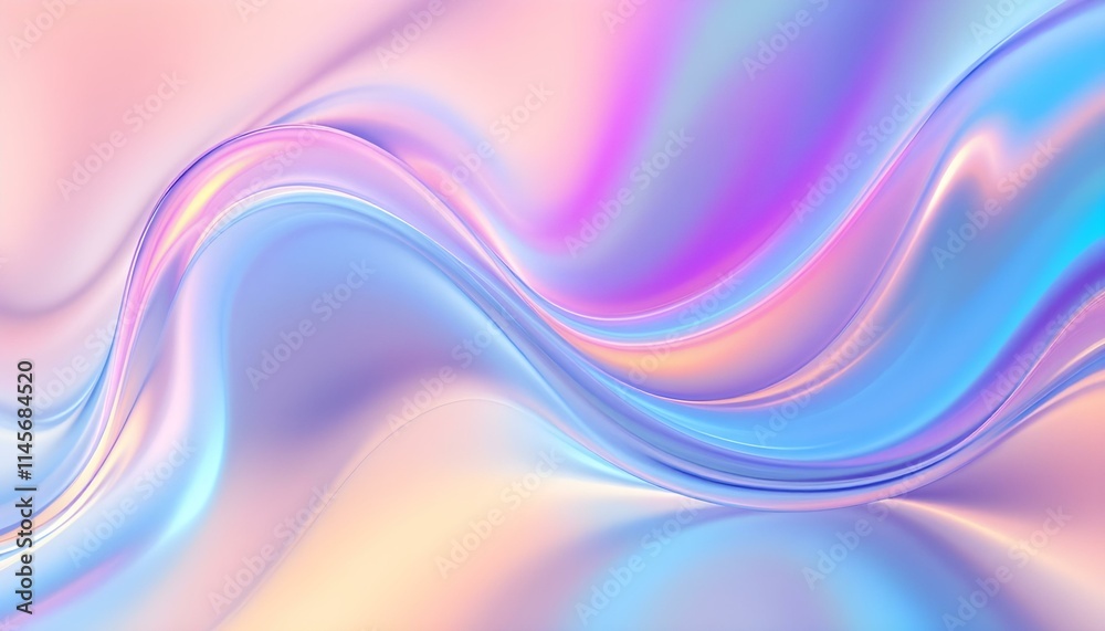 Fototapete An iridescent fluid abstract image with vibrant colors in a smooth, flowing style on a soft gradient background. Vibrant holographic fluid colors flow abstractly. Abstract iridescent wave, pastel pink