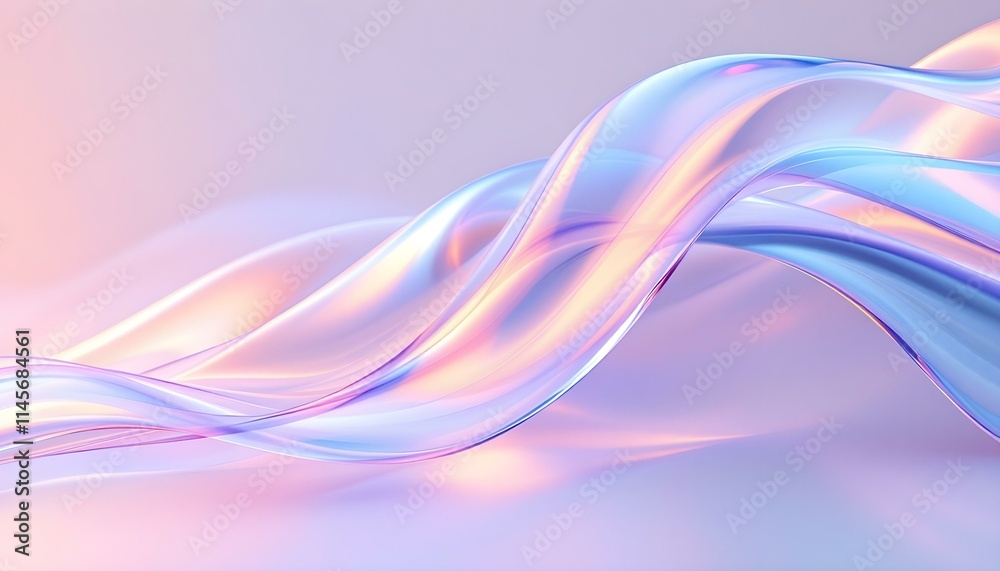 Poster An iridescent fluid abstract image with vibrant colors in a smooth, flowing style on a soft gradient background. Vibrant holographic fluid colors flow abstractly. Abstract iridescent wave, pastel pink