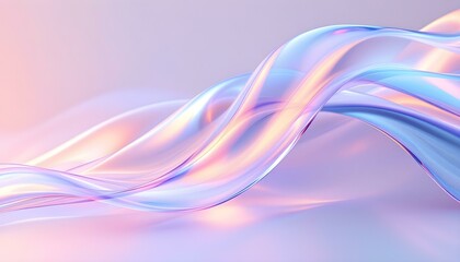 An iridescent fluid abstract image with vibrant colors in a smooth, flowing style on a soft gradient background. Vibrant holographic fluid colors flow abstractly. Abstract iridescent wave, pastel pink