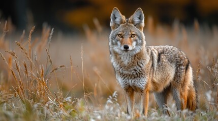 Fototapeta premium Realistic PNG of a coyote standing alert with transparent background for easy integration into designs.