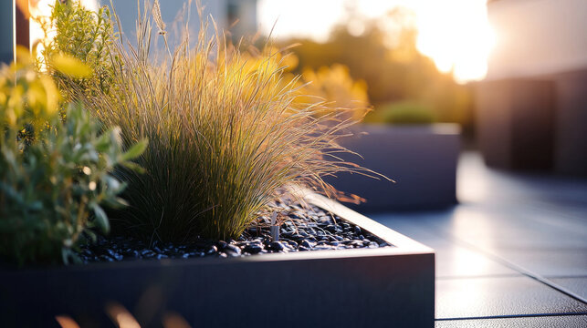 Rooftop Garden, Urban Greenery, Natural Lighting, Shallow Depth of Field, Macro Photography