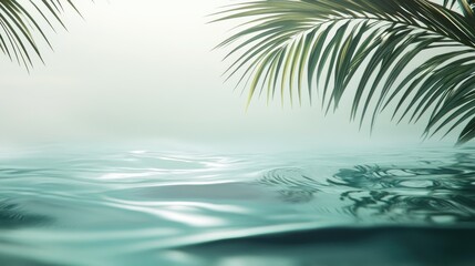 Tropical sea with calm waves and palm leaves under bright sunlight creating a serene coastal atmosphere