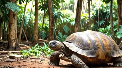 Naklejka premium A large tortoise ambles through a lush green forest, its patterned shell blending with the natural surroundings, showcasing the beauty of wildlife in a vibrant ecosystem.