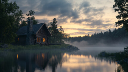 Obraz premium Misty Dawn Log Cabin Lake House 3D Render