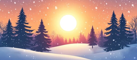 Naklejka premium Winter sunset with silhouetted trees and golden sun over a snowy landscape creating a serene and picturesque atmosphere