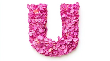 Pink flake letter U on white background created from sweet breakfast cereals vibrant food pattern for retail and branding use
