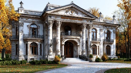 Fototapeta premium Grand autumnal mansion, neoclassical architecture, stone facade, pillars, fall foliage.
