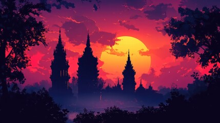 Temple silhouettes against a vibrant sunset sky creating a mystical atmosphere with dramatic colors and serene landscape elements.
