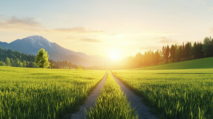 Fototapeta premium scenic sunset landscape featuring vibrant green field, winding path, and majestic mountains in background, evoking sense of tranquility and natural beauty