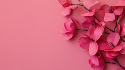 Fototapeta premium Magenta pink paper bougainvillea flowers on a soft pink background perfect for botanical designs greeting cards and educational materials
