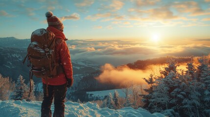 Traveler with backpack on snowy mountain peak, cut out