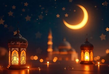 Obraz premium Eid Mubarak Night Scene with Crescent Moon, Stars, Lanterns, and Mosque