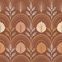 Seamless Canopy-Style Brown Botanical Print with Leaves and Flowers
