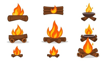 Camp Fire Icons Set Isolated On White Background