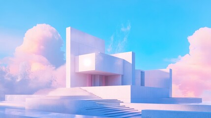 Modern minimalist architecture against a vibrant blue sky and soft clouds creating a serene and dreamy atmosphere.