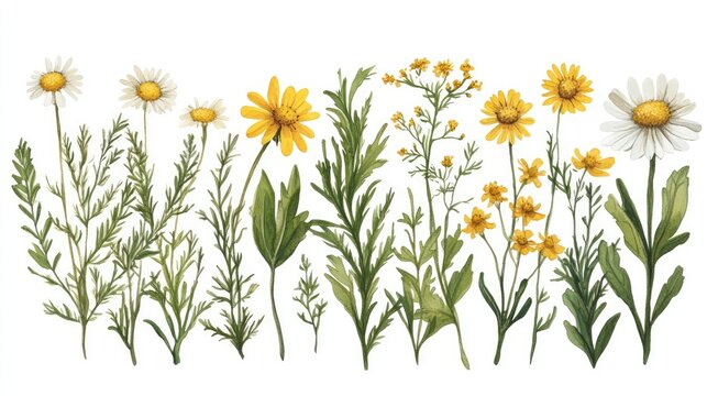 Medicinal Wildflowers and Herbs Collection Illustrating Meadow and Field Plants with Yellow and White Blossoms for Natural Remedies