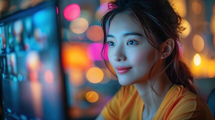 Young Asian businesswoman working remotely from home office, engaging in virtual video conference with colleagues during social distancing.