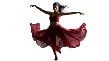 Dance of Passion: A woman in a crimson dress, her silhouette bathed in light, dances with captivating grace and energy.