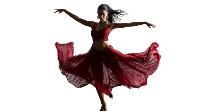 Dance of Passion: A woman in a crimson dress, her silhouette bathed in light, dances with captivating grace and energy.