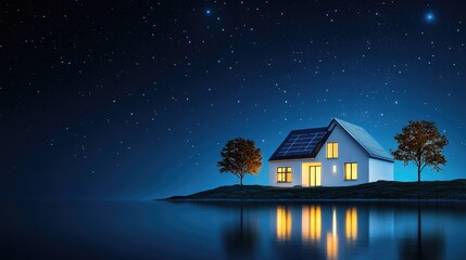 Contemporary house illuminated at night featuring solar panels and serene lake reflecting starry sky and surrounding trees
