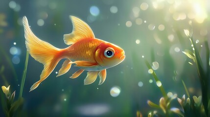 Vibrant goldfish swimming gracefully in a serene pond surrounded by lush green plants and sparkling sunlight reflections