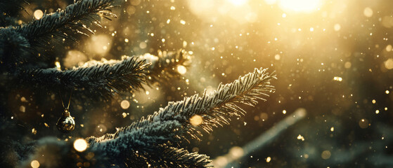 Fototapeta premium Snowy Christmas Tree Branches, Golden Hour, Winter Wonderland, Festive Background, Sparkling Lights