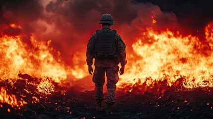 Naklejka premium A soldier on the battlefield experiences the crisis of war, witnessing damage and destruction, facing defeat and sadness in the midst of conflict.