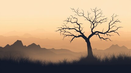 Obraz premium Silhouette of a barren tree at dusk highlighting resilience and beauty in nature against a backdrop of soft mountain silhouettes