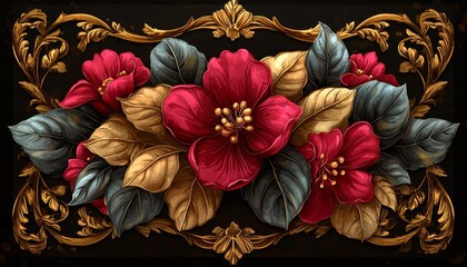 Red Flowers Gold Frame Elegant Botanical Artwork